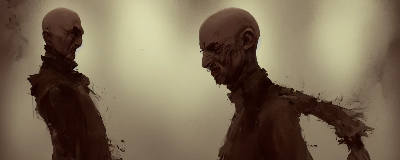 Prompt: duotone noir illustration close up of bald merchant demon floating in midair in medieval brown tunic. background willow tree foggy evening. dynamic dark dream atmosphere with volumetric hellish lighting, by sachin teng and sergey kolesov and ruan jia and heng z. graffiti art, scifi, fantasy, hyper detailed. octane render. concept art. trending on artstation