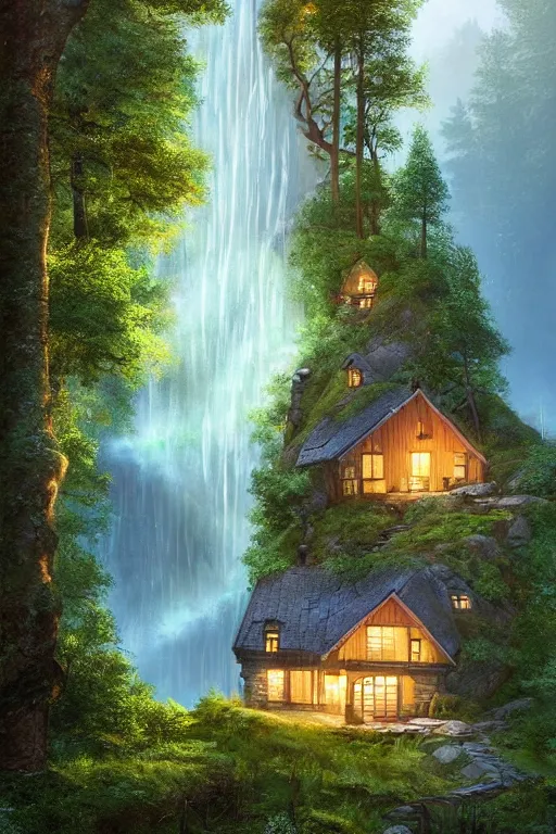 Image similar to scandinavian house in the forest on a hill, pixar, a waterfall flows down from the mountain in the background, vector art, fabulous, global illumination, warm lighting, by jordan grimmer