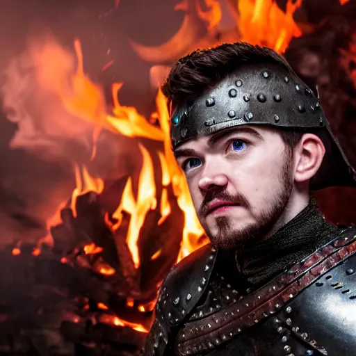 Image similar to jacksepticeye wearing medieval irish armor, looking somewhere in the distance, flames surrounding him, game of thrones cover art, 8k, studio light