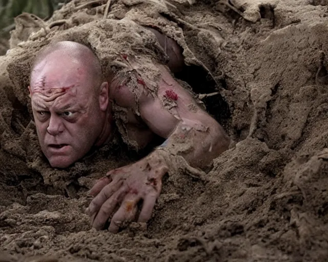 Image similar to zombie dean norris emerging from a grave, movie still, close up