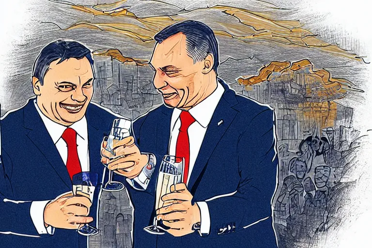 Image similar to viktor orban winking and drinking champagne with putin in front a burning city, line art