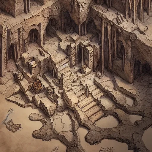 Prompt: dungeon map concept d & d cave, desert, vulcanic ground, monument, tribal hollows and build. hyper detailed, fantasy style art, highly detailed, digital painting, artstation, concept art, smooth, sharp focus, illustration, art by artgerm and greg rutkowski and alphonse mucha