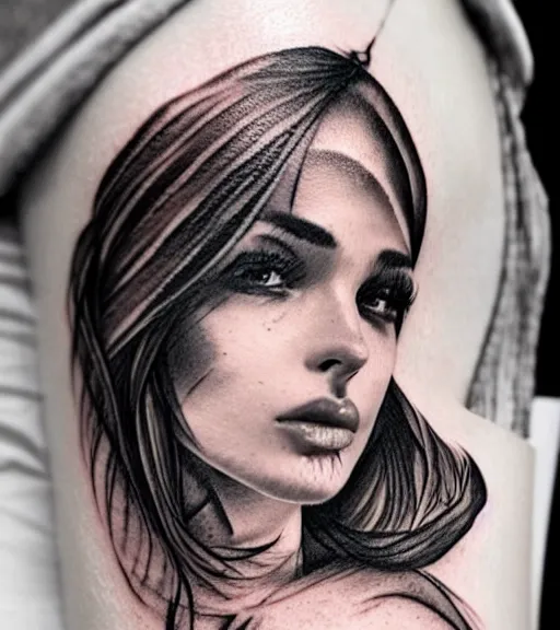 Image similar to tattoo design sketch of a beautiful woman face with a faded background of beautiful mountains and nature on her side, hyper - realistic, in the style of den yakovlev, amazing detail, black and white