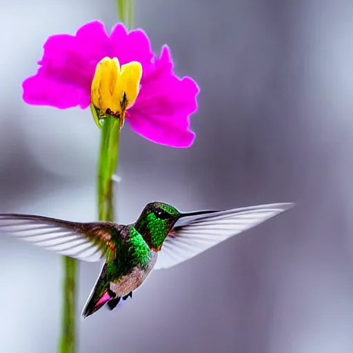 Prompt: a hummingbird finding a beautiful flower, entrapped in ice, only snow in the background, beautiful macro photography, ambient light