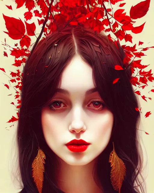 Prompt: highly detailed beautiful pale skin hippie, black hair, flying leaves on backround, symmetrical, red lips, paint by ilya kuvshinov and anna dittman trending on artstation, intricate details, energetic composition, golden ratio, concept art, illustration, elegant art