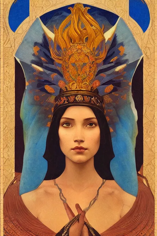 Image similar to queen of the north, by Nicholas Roerich and Annie Swynnerton and Diego Rivera and John William Godward, dramatic cinematic lighting , ornate headdress , flowing robes, sacred artifacts, lost civilizations, smooth, sharp focus, extremely detailed