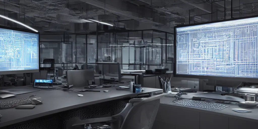 Image similar to realistic advertising photograph of a orwellian computer monitor in an urban office setting with blueprints and schematic drawings on each screens, ultra realistic, by cedric peyravernay, intricate detail, digital painting, industrial art style, mirrors edge art style, volumetric lighting effect, artstation, octane render, 3 5 mm film grain