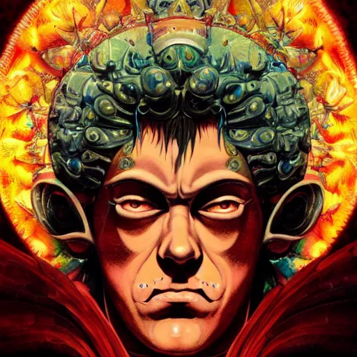 Image similar to 4K headshot portrait of godlike Astronomer with defined arms and open hands and bloody clothes with giant mandala wings , intricate face , flawless anime cel animation by Kentaro Miura, psychedelic , highly detailed upper body , professionally post-processed , beautiful, scary, symmetry accurate features, epic, octane rendered, anime masterpiece, accurate by Craig Mullins, ilya kuvshinov, krenz cushart, epic , artgerm trending on artstation by Edward Hopper and Dan Mumford and WLOP and Rutkovsky, beksinski carl spitzweg moebius and tuomas kocar, intricate artwork by caravaggio, Unreal Engine 5, Lumen, Nanite