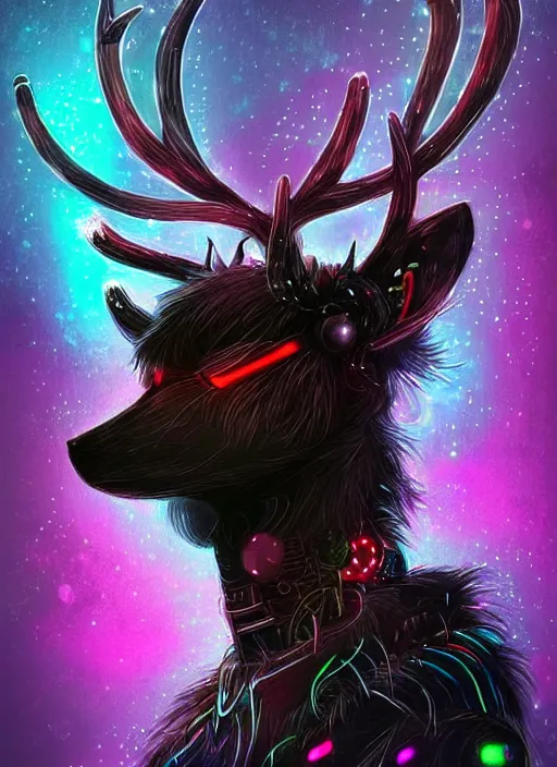 Image similar to award winning beautiful portrait commission of a male furry anthro Black Reindeer cyberpunk fursona with a tail, wings, wings, wings and a cute beautiful attractive detailed furry face wearing a crown, stylish black and rainbow galaxy clothes, outline, in a cyberpunk city at night while it rains. Character design by charlie bowater, ross tran, artgerm, and makoto shinkai, detailed, inked, western comic book art