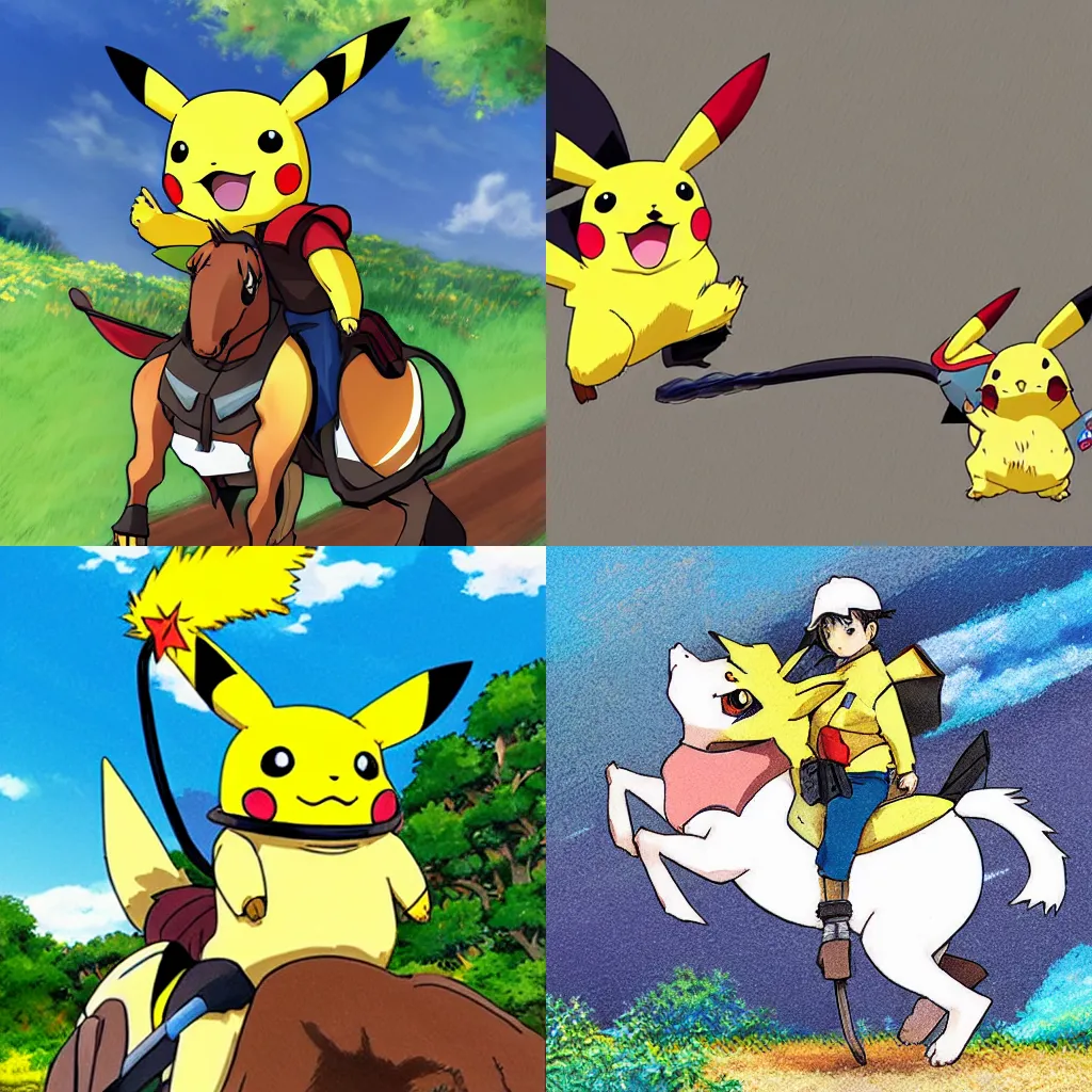 Prompt: pikachu riding a horse, anime style, ghibli style, detailed