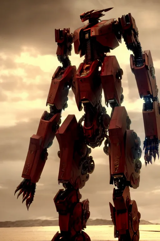 Image similar to a cinematic still from pacific rim and westworld, full body red mech, armored core, intact humanoid servo, octane render, nvidia raytracing demo, masterpiece, aged armor plating, decipticon armor plating, aggressive head, endoekeleton exposure