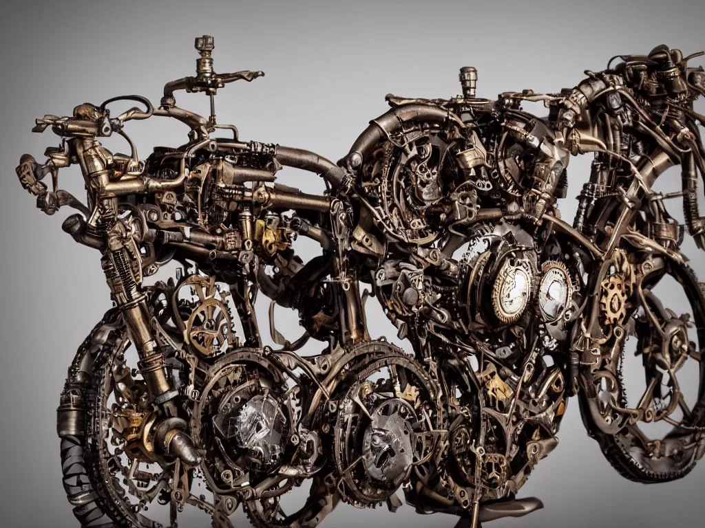 Image similar to a steampunk superbike with intricate engine mechanical parts, product photography,