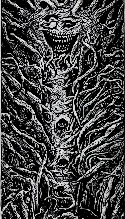 Image similar to a storm vortex made of many demonic eyes and teeth over a forest, by h. p. lovecraft