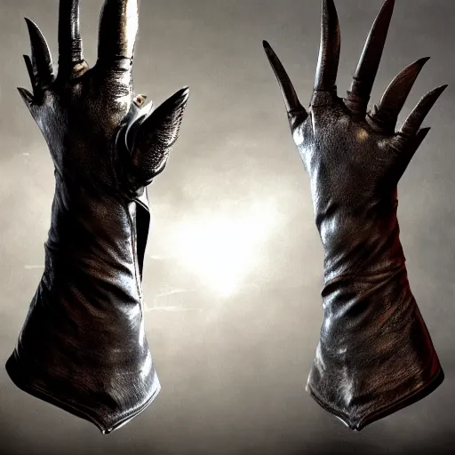 Image similar to gloves with metal claws, old leather gloves with attached talons, pointy fingertips, dark background, highly detailed, 8 k, trending on artstation, mystic, rpg artwork, by peter jackson, by sauron