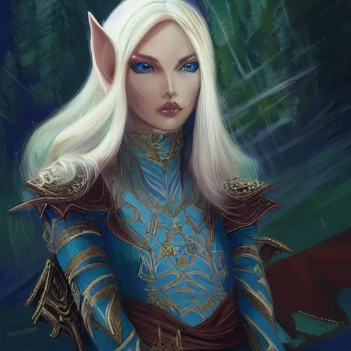 Image similar to an elf wizard, female, auburn and blonde two toned hair, fantasy, d & d, intricate, elegant, highly detailed, digital painting, artstation, concept art, matte, sharp focus, illustration, in the style of magic the gathering