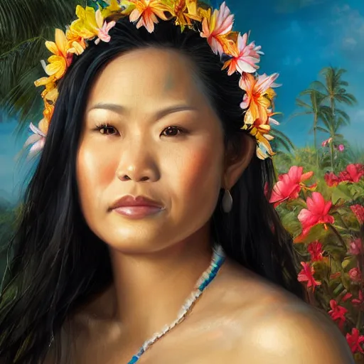 Image similar to portrait of a hawaiian woman ( 3 5 ) from hawaii in 2 0 2 1, an oil painting by ross tran and thomas kincade