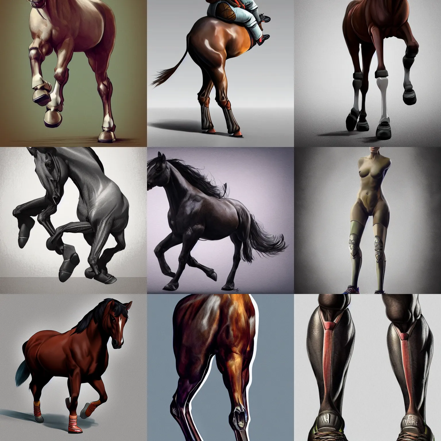 Prompt: a horse with human front legs, wearing smooth human legs and sneakers, human leg photography, concept art, digital art, artstation