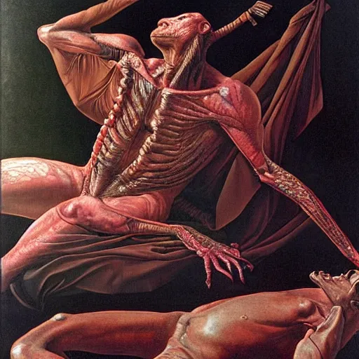 Image similar to portrait of a lizard man removing human skin. Artwork by Caravaggio and by Wayne Barlowe by alexander gierymski