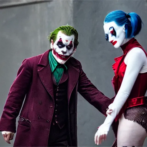 Image similar to 8 k uhd footage from new joker movie, joaquin phoenix as joker and lady gaga as harley quin, paparazzi shot, uhd details