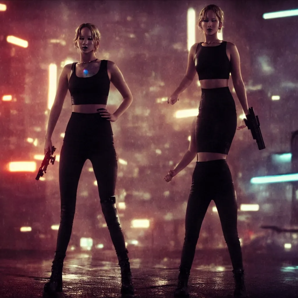 Prompt: jennifer lawrence in a cyberpunk movie in a distopic futuristic city in the style of bladerunner, wearing a cropped black tank top, sexy black shorts and black boots, firing a gun, muzzle flash, movie still, highly detailed, rainy night, volumetric lights, studio lighting, intense, scifi, sharp focus