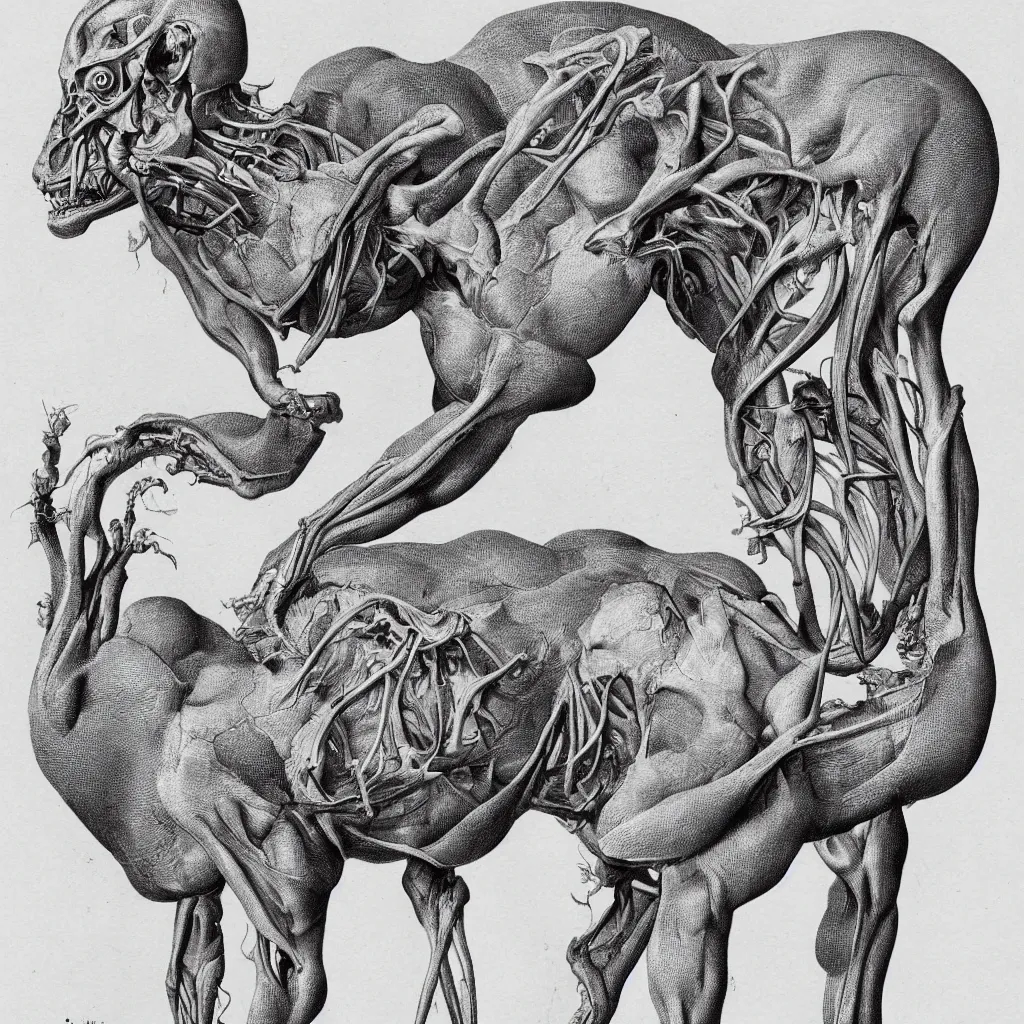 Image similar to anatomical engraving of an unknown specie, anatomical study of animal hybrids from another universe