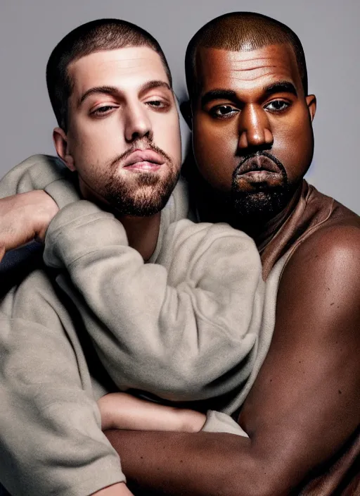 Image similar to portrait of kanye west and pete davidson, for vogue magazine, by charlotte grimm, natural light, detailed face, beautiful features, symmetrical, highly detailed, highly realistic, high resolution, canon eos c 3 0 0, ƒ 1. 8, 3 5 mm, 8 k, medium - format print, half body shot