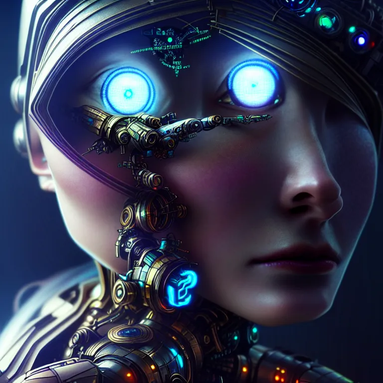 Image similar to ultra realistic beautiful cyborg deity eyes closed, scifi, cyberpunk, fantasy, intricate details, movie still, highly detailed, photorealistic, octane render, eerie, 8k, art by artgerm and alphonse mucha