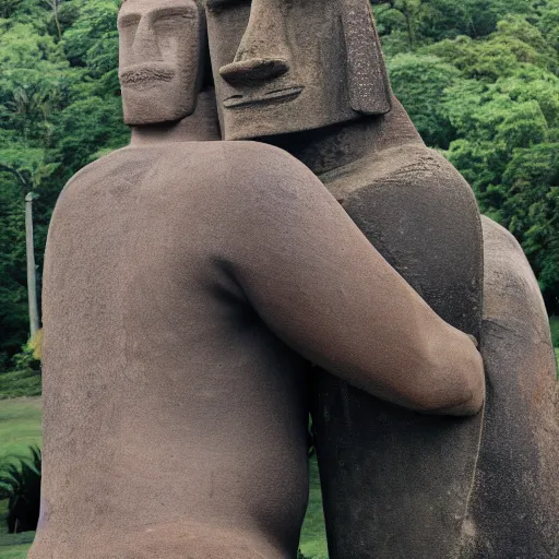 Image similar to a man hugging a giant moai statue