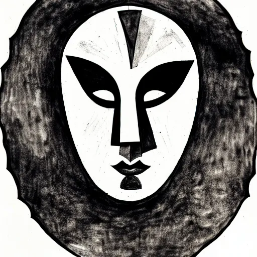 Image similar to an ink drawing of an old dilapidated drama mask, cracked, elaborate detail, shape of a circle, circular shape, white background