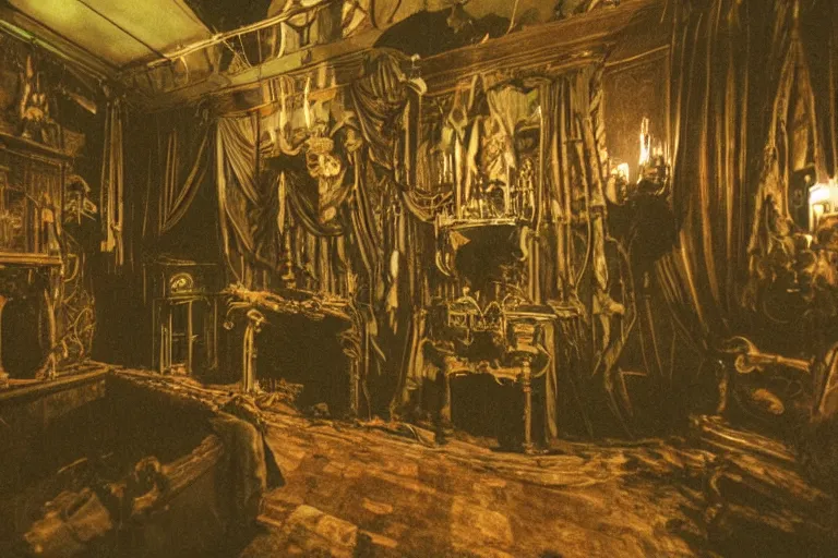 Image similar to full - color photo of the interior of a spooky haunted mansion at night. the interior architecture and layout are illogical, surreal, bizarre, complicated, and labyrinthine. there is a faintly - visible victorian ghost lurking.