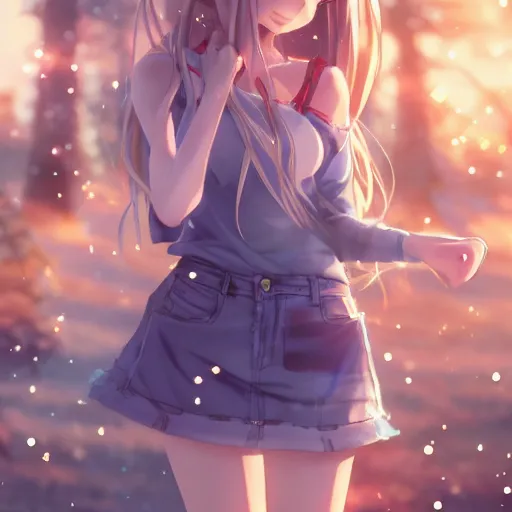 Image similar to a very beautiful anime girl, full body, long golden hair, sky blue eyes, full round face, short smile, mini jeans skirt, cute top, winter setting, cinematic lighting, medium shot, mid-shot, highly detailed, trending on Artstation, Unreal Engine 4k, cinematic wallpaper by Stanley Artgerm Lau, WLOP, Rossdraws, James Jean, Andrei Riabovitchev, Marc Simonetti, and Sakimichan