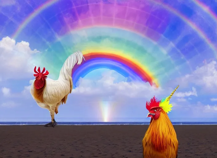 Image similar to A rooster wearing a fedora, standing on top of a unicorn at the beach, with rainbow in the sky