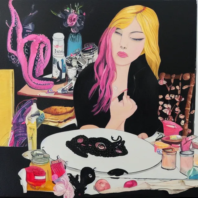 Image similar to a portrait in a female artist's bedroom, black walls, emo girl eating pancakes, sheet music, berries, surgical supplies, handmade pottery, flowers, sensual, octopus, neo - expressionism, surrealism, acrylic and spray paint and oilstick on canvas