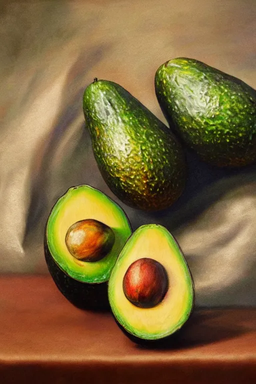 Image similar to A beautiful still life oil painting of Avocados lying on a silk cloth, fog, volumetric lighting, summer, hyperrealistic, colorful, hyperdetailed.