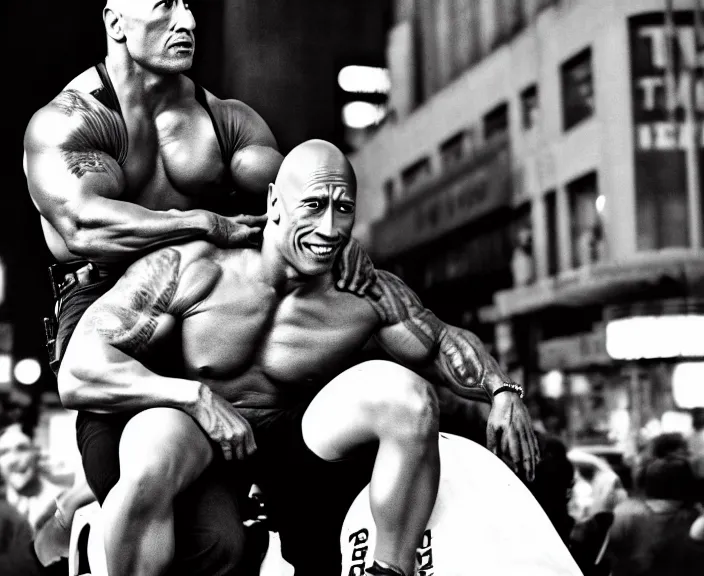 Image similar to Dwayne the Rock Johnson riding on the back of Adam Sandler, doing Methamphetamine at Times Square, photograph by Alfred Eisenstaedt, 4K, dramatic lighting; 4K 8K