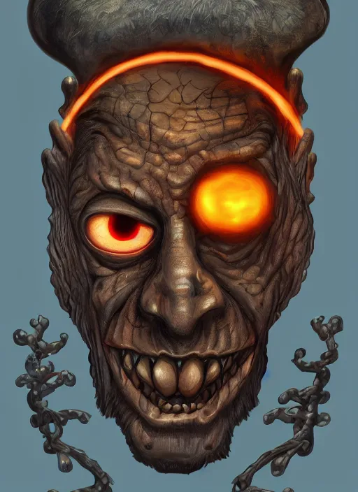 Image similar to occult fred flinstone with glowing haunted eyes, metal skin, intricate, elegant, highly detailed, centered, digital painting, artstation, concept art