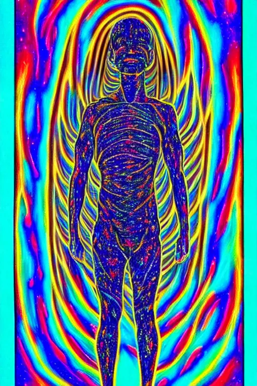 Image similar to A psychedelic silhouette of a human body filled with the universe, planets, stars and galaxies in the style of Alex Grey