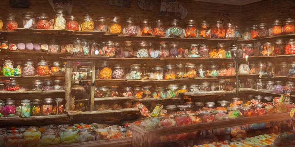 Image similar to Inside an old fashioned sweet shop, large jars on shelves, beautiful labels, fantasy vendor interior, wide angle, cinematic, highly detailed, photorealistic, rich bright colors, trending on artstation, trending on cgsociety