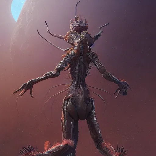 Prompt: A detailed painting of an anthropomorphic ant queen standing on her multiple hind legs, stars in the background, formian pathfinder, digital art 4k, Wayne Barlowe Greg Rutkowski