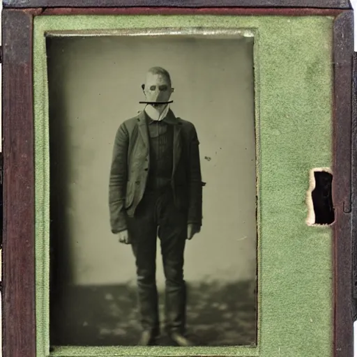 Prompt: High quality collodion photograph, full-body, detailed, person with large eyes, long, upturned snout and one attenuated serpent leg