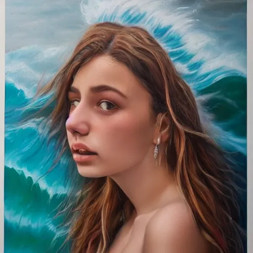 Image similar to girl with ocean wave hair, in the style of aykutmaykut, by aykut aydogdu, hyperrealism oil painting