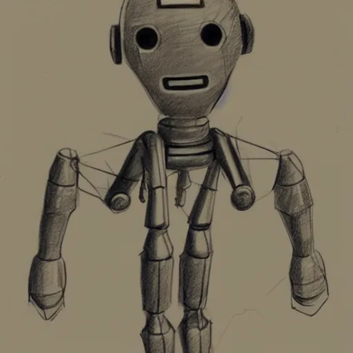Image similar to pencil sketch of a skinny outdated awkward robot with joints that creak and a triangular head with 2 antenna