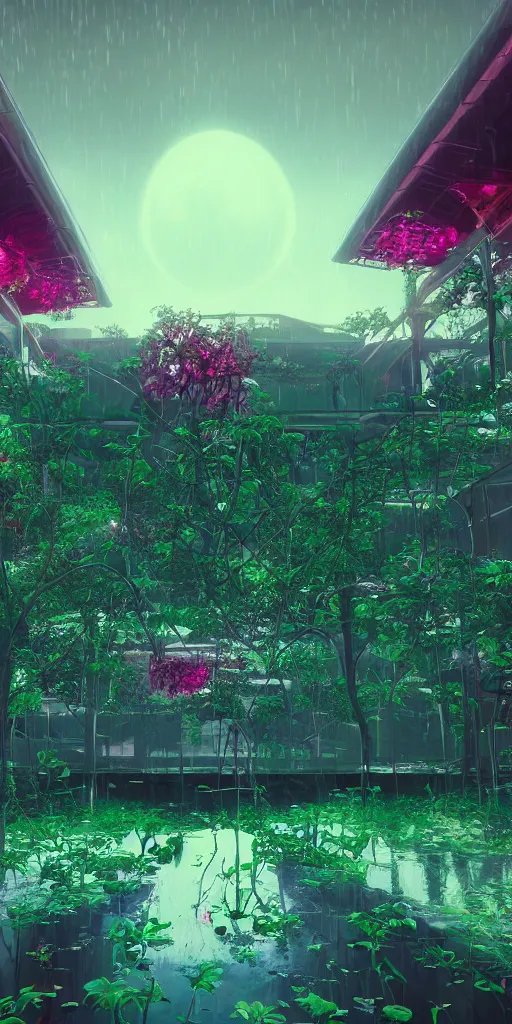 Prompt: humongous technologic flower house on a dusky planet, spooky, retrowave, art by warner bros, smooth, cinematic, wet reflections, ray tracing x, rtx, smooth