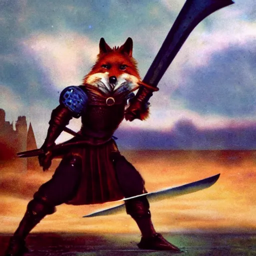 Prompt: anthropomorphic!!! fox!! who is a medieval knight holding a sword towards a stormy thundercloud 1 9 3 0 s film still, castle in the background