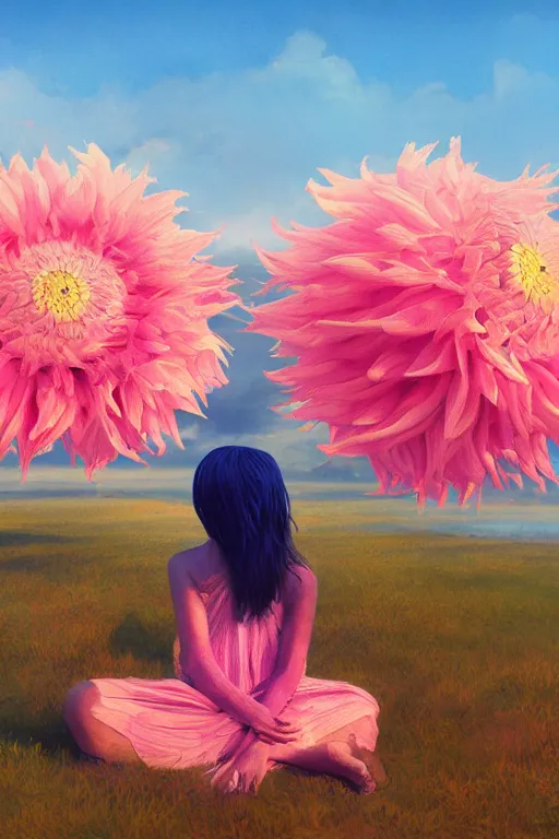 Image similar to closeup giant dahlia flower head, girl sitting on beach, surreal photography, blue sky, sunrise, dramatic light, impressionist painting, digital painting, artstation, simon stalenhag