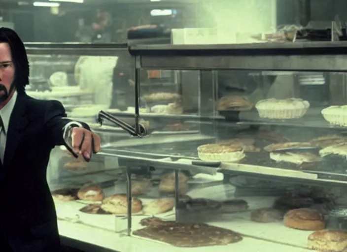 Image similar to film still of keanu reeves as agent smith working in a bakery in the new matrix movie, 4 k