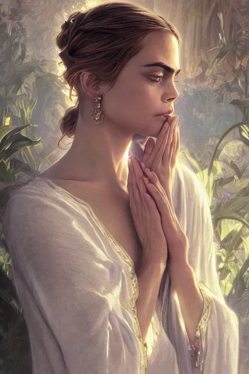 Image similar to ultra realistic illustration, a stunningly beautiful cara delevigne praying, intricate, elegant, highly detailed, digital painting, artstation, concept art, smooth, sharp focus, illustration, art by artgerm and greg rutkowski and alphonse mucha