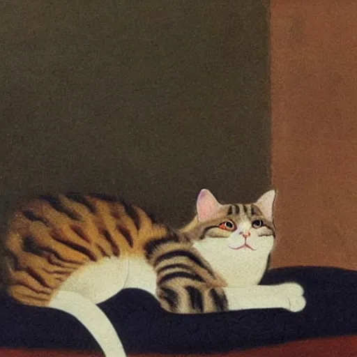 Image similar to detailed oil painting of a cat resting on a couch, 1 9 th century, by mirai mizu, by ralph bakshi, by caravaggio, by georgia o keeffe