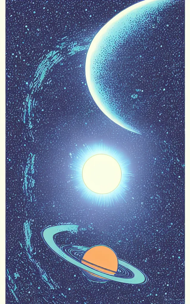 Image similar to planet neptune seen from far with it's halo ring. retro minimalist art by jean giraud.