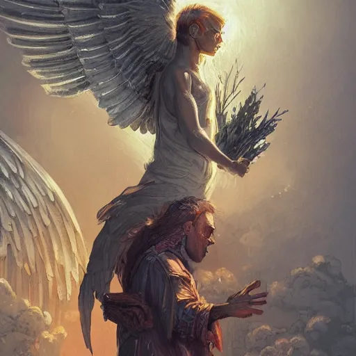 Image similar to angel protecting man, detailed intricate ink illustration, happy atmosphere, detailed illustration, hd, 4k, digital art, overdetailed art, by greg rutkowski, by loish, complementing colors, Trending on artstation, deviantart